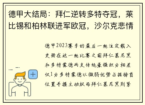 德甲大结局：拜仁逆转多特夺冠，莱比锡和柏林联进军欧冠，沙尔克悲情降级